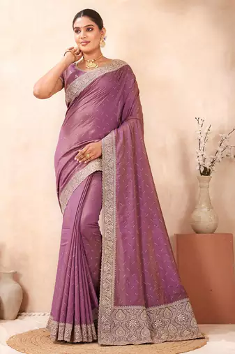 lavender heavy zari box pallu embroidery work silk blend saree