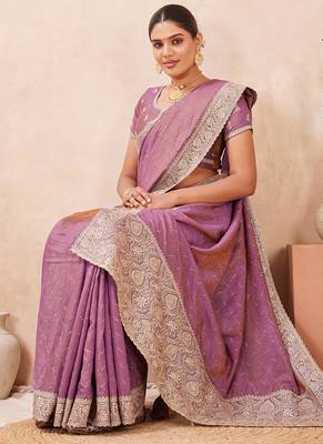 lavender heavy zari box pallu embroidery work silk blend saree 5
