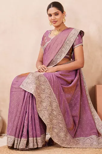 lavender heavy zari box pallu embroidery work silk blend saree