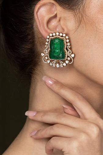 Gold plated kundan green stones earrings