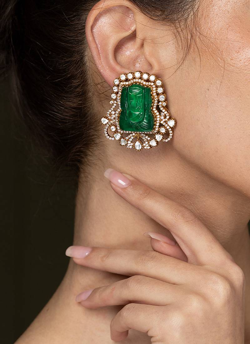Gold plated kundan green stones earrings