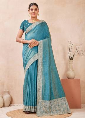 sky blue heavy zari box pallu embroidery work silk blend saree 1