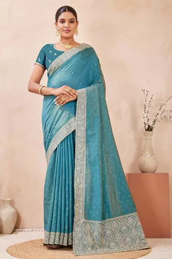 sky blue heavy zari box pallu embroidery work silk blend saree