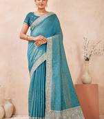 sky blue heavy zari box pallu embroidery work silk blend saree