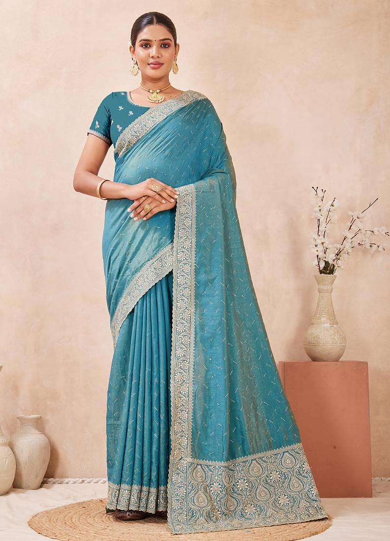 sky blue heavy zari box pallu embroidery work silk blend saree