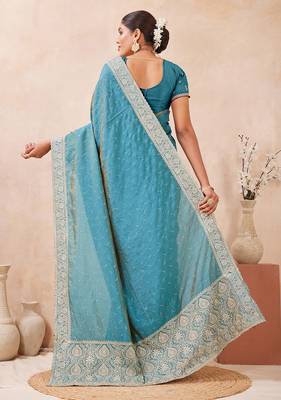 sky blue heavy zari box pallu embroidery work silk blend saree 2