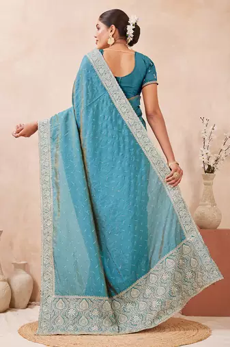 sky blue heavy zari box pallu embroidery work silk blend saree