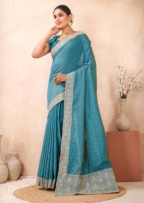 sky blue heavy zari box pallu embroidery work silk blend saree 3