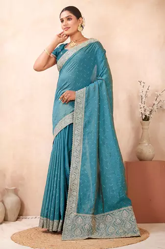 sky blue heavy zari box pallu embroidery work silk blend saree