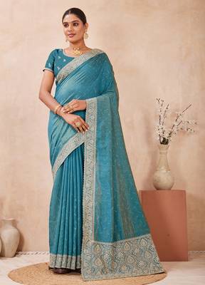 sky blue heavy zari box pallu embroidery work silk blend saree 4