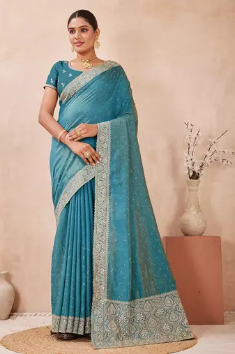 sky blue heavy zari box pallu embroidery work silk blend saree