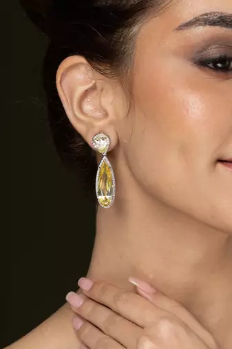 Gold plated kundan yellow stones drop earrings
