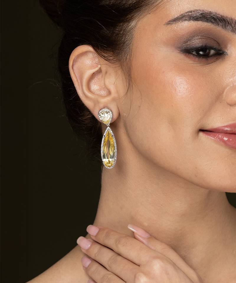 Gold plated kundan yellow stones drop earrings