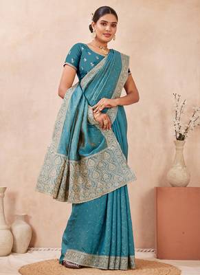 sky blue heavy zari box pallu embroidery work silk blend saree 5