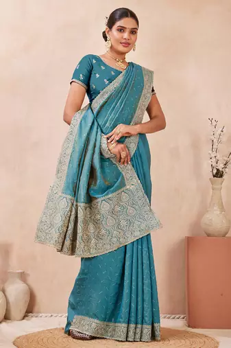 sky blue heavy zari box pallu embroidery work silk blend saree