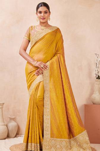 mustard heavy zari box pallu embroidery work silk blend saree