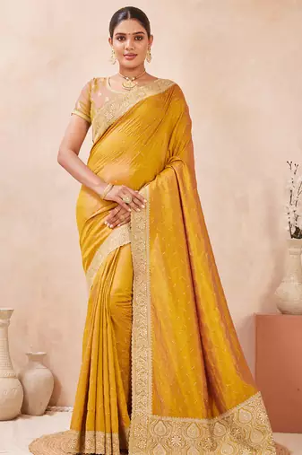 mustard heavy zari box pallu embroidery work silk blend saree
