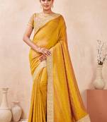 mustard heavy zari box pallu embroidery work silk blend saree