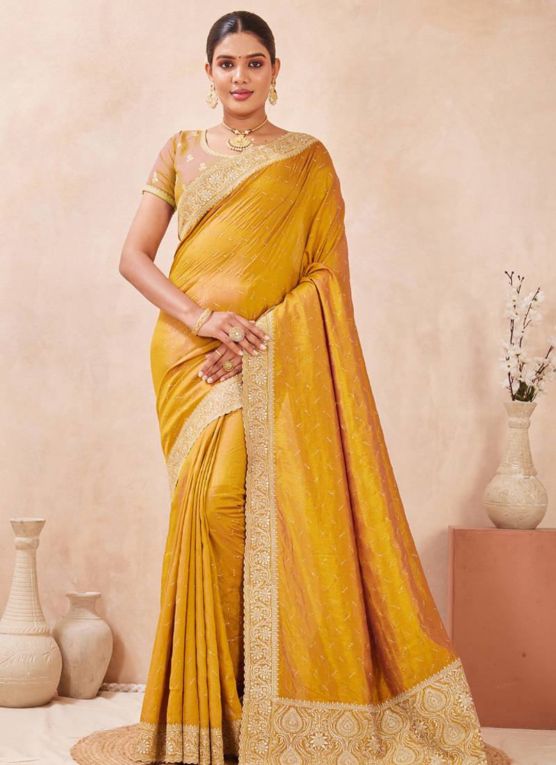 mustard heavy zari box pallu embroidery work silk blend saree