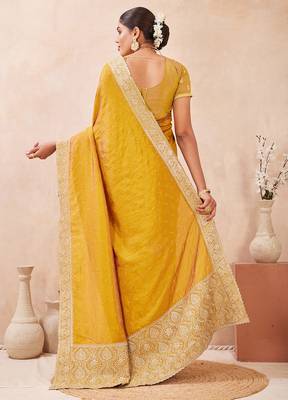 mustard heavy zari box pallu embroidery work silk blend saree 2