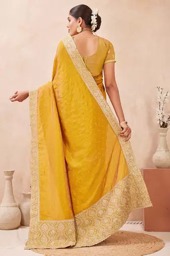 mustard heavy zari box pallu embroidery work silk blend saree