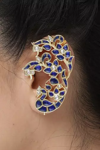 Gold plated kundan blue stones ear cuff earrings