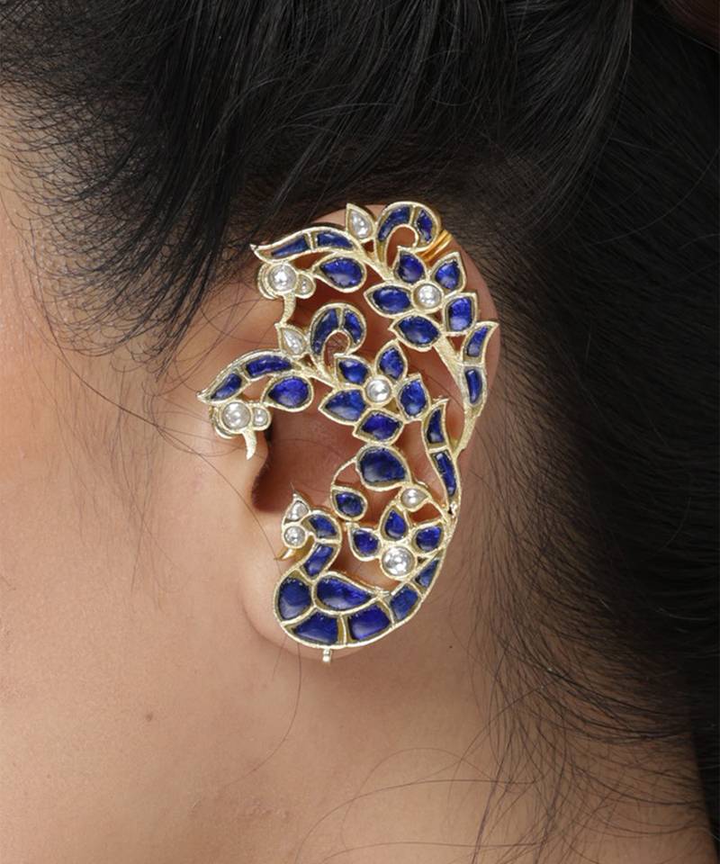 Gold plated kundan blue stones ear cuff earrings
