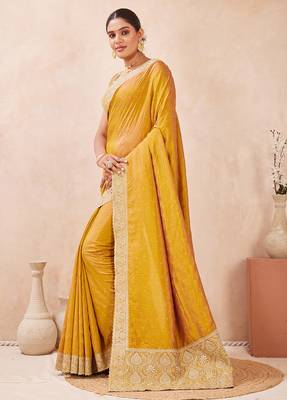 mustard heavy zari box pallu embroidery work silk blend saree 3