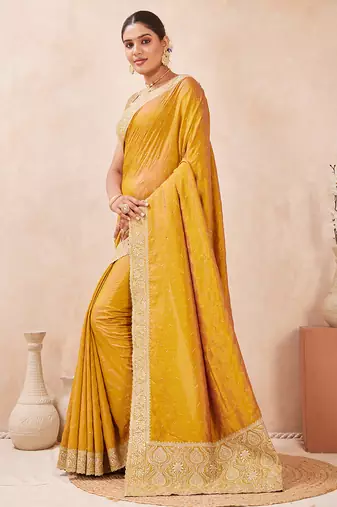 mustard heavy zari box pallu embroidery work silk blend saree