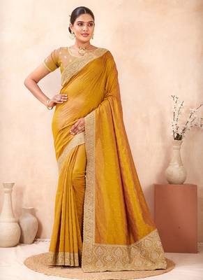 mustard heavy zari box pallu embroidery work silk blend saree 4