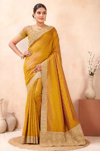 mustard heavy zari box pallu embroidery work silk blend saree