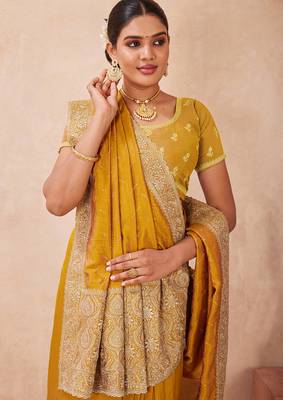 mustard heavy zari box pallu embroidery work silk blend saree 5