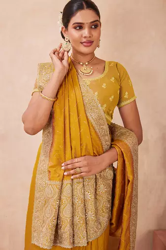 mustard heavy zari box pallu embroidery work silk blend saree