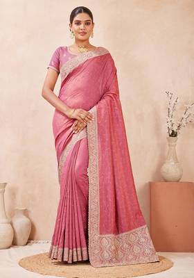 pink heavy zari box pallu embroidery work silk blend saree 1