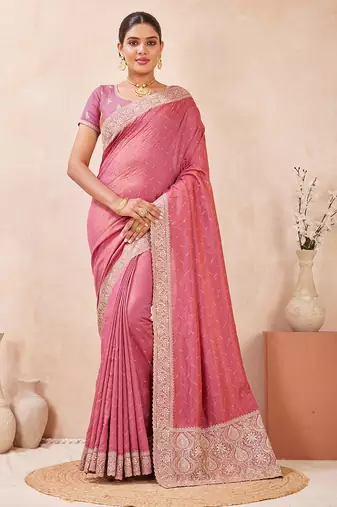 pink heavy zari box pallu embroidery work silk blend saree