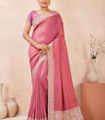 pink heavy zari box pallu embroidery work silk blend saree