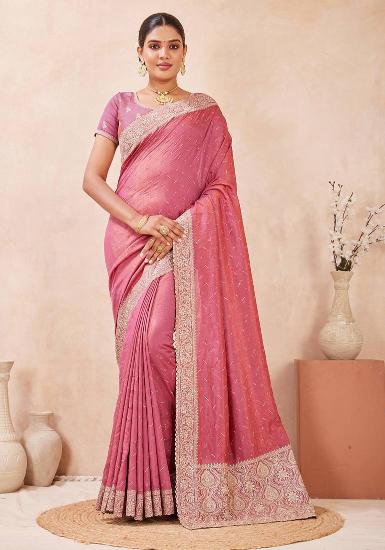pink heavy zari box pallu embroidery work silk blend saree