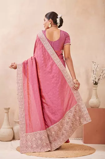 pink heavy zari box pallu embroidery work silk blend saree
