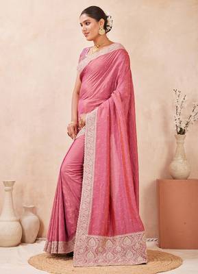 pink heavy zari box pallu embroidery work silk blend saree 3
