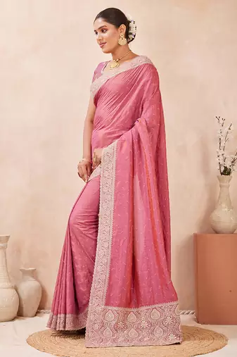 pink heavy zari box pallu embroidery work silk blend saree