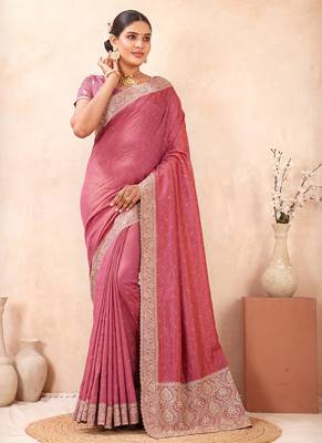pink heavy zari box pallu embroidery work silk blend saree 4