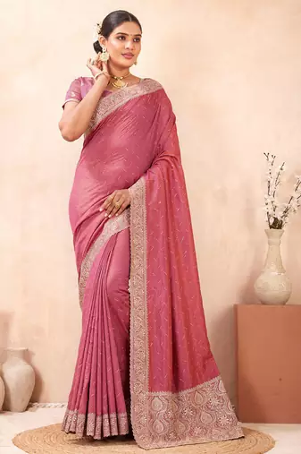 pink heavy zari box pallu embroidery work silk blend saree
