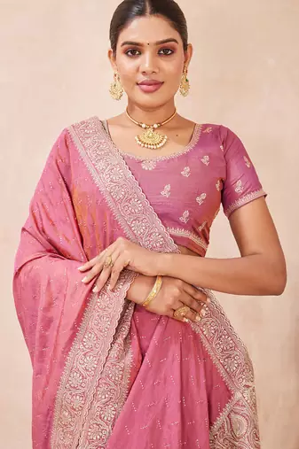 pink heavy zari box pallu embroidery work silk blend saree