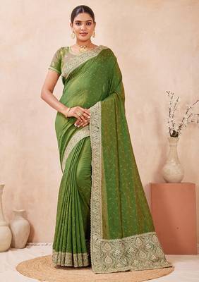 mehndi heavy zari box pallu embroidery work silk blend saree 1