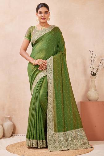 mehndi heavy zari box pallu embroidery work silk blend saree