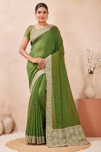 mehndi heavy zari box pallu embroidery work silk blend saree