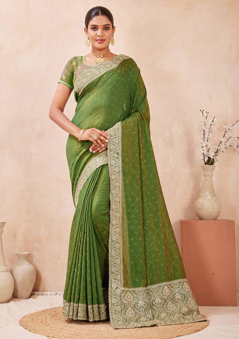 mehndi heavy zari box pallu embroidery work silk blend saree