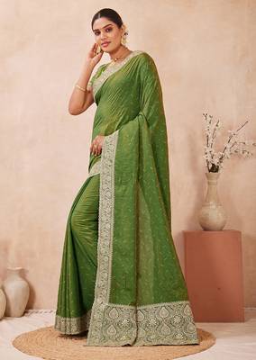 mehndi heavy zari box pallu embroidery work silk blend saree 2