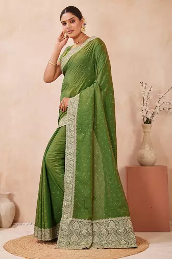 mehndi heavy zari box pallu embroidery work silk blend saree