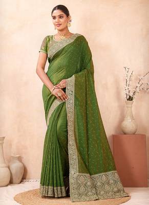 mehndi heavy zari box pallu embroidery work silk blend saree 3